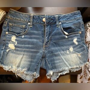 American Eagle Outfitters Mid Wash Distressed Midi Jean Shorts
